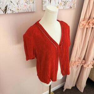 Vintage Karin Stevens Red Lace Trim Cardigan Top – Size 14P